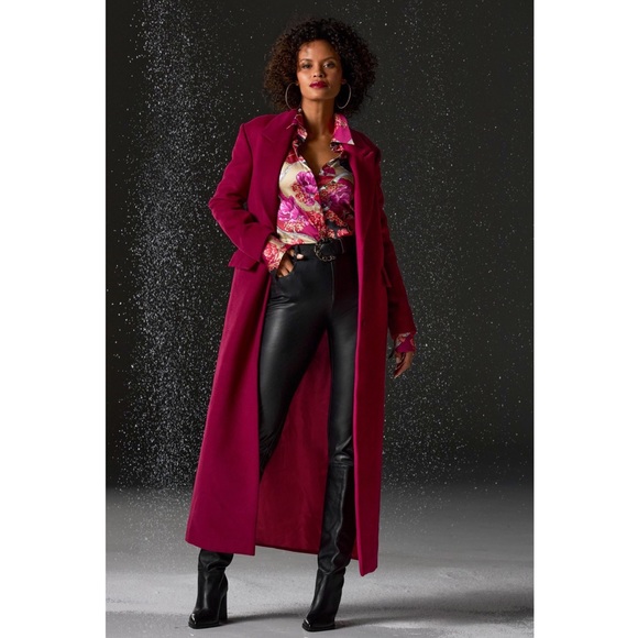 BOSTON PROPER Long Faux Wool Lined Topper Coat in Beet Red - Picture 3 of 9